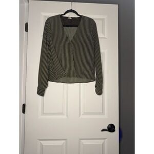 Hem And Thread Long Sleeve Striped Faux Wrap Blouse Medium Green Cream Navy